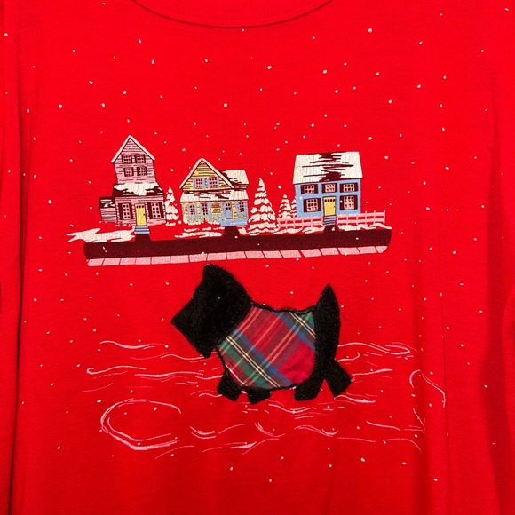 Red Long Sleeve Nightgown Cute Scottie Dog Winter Village Print Sleepshirt Women - Picture 2 of 6